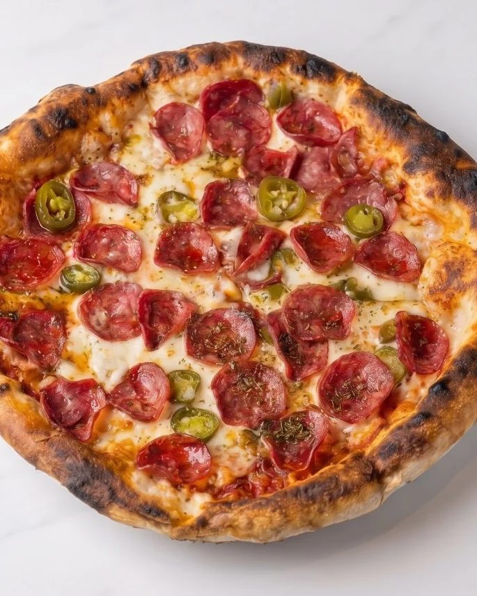 A Guilty pizza topped with pepperoni and jalapeños